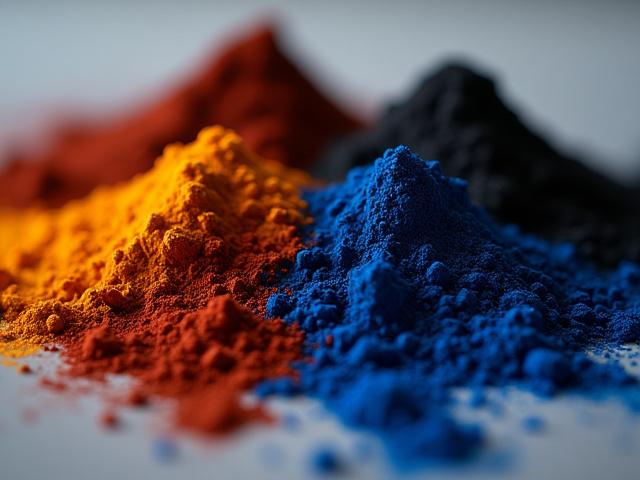 Primer plano de óxidos de hierro y ultramarinos en polvo