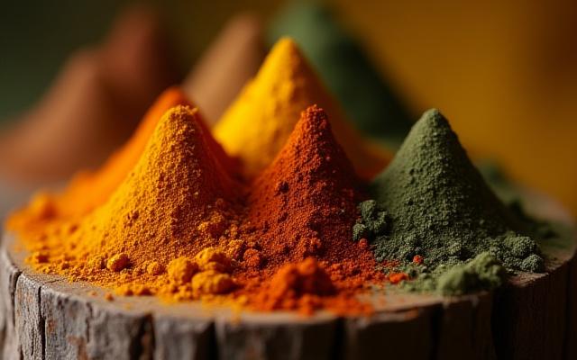 Primer plano de pigmentos minerales de color tierra y ocre en un tazón de madera, con una textura rugosa que evoca su origen natural.